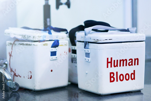 Life sustaining blood. Shot of boxes containing blood samples on a hospital floor.