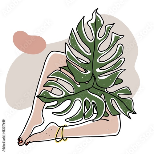 Drawn legs and leaves.Pedicure. Nail salon. Beauty Studio. Beauty service. Moles, freckles. Monstera deliciosa.Linear art. Beautiful l Vector black and white illustration isolated on white background. photo