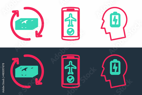 Set line Head with low battery, Refund money and Flight mode in the mobile icon. Vector