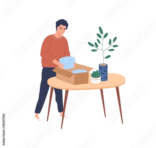 Person packing plates, fragile tableware in paper and putting into carton box. Man unpacking cardboard of new ceramic dinnerware. Guy and parcel. Flat vector illustration isolated on white background