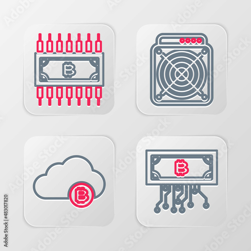 Set line Cryptocurrency bitcoin with circuit, cloud mining, ASIC Miner and icon. Vector