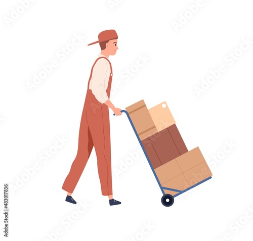Man carrying heavy goods in cardboard boxes on dolly. Carrier with cargo on delivery trolley. Loader, warehouse worker going with cartons on cart. Flat vector illustration isolated on white background