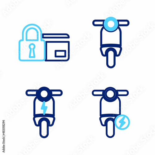 Set line Electric scooter, Scooter and Credit card with lock icon. Vector
