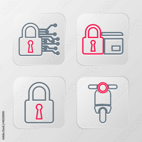 Set line Scooter, Lock, Credit card with lock and Cyber security icon. Vector