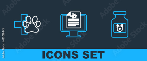 Set line Dog medicine bottle, Veterinary clinic and Clinical record pet on monitor icon. Vector