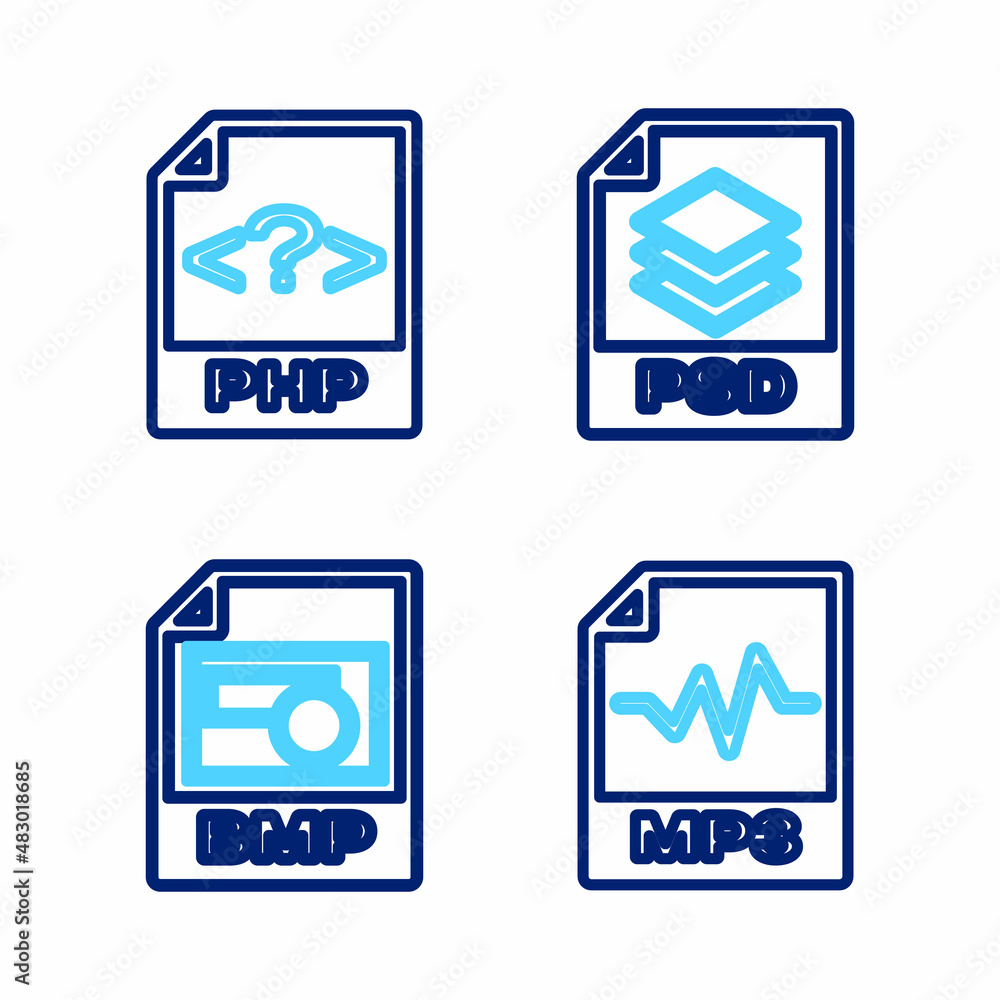 Set line MP3 file document, BMP, PSD and PHP icon. Vector Set line MP3 file document, BMP, PSD and PHP icon. Vector