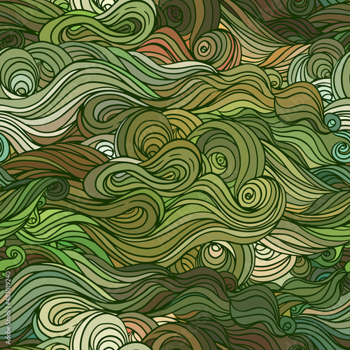 Vector color abstract hand-drawn hair pattern with waves and clouds. Asian st...