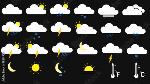 Set of 24 weather web icons in color. Weather , clouds, sunny day, moon, snowflakes, wind, sun day. Vector illustration.