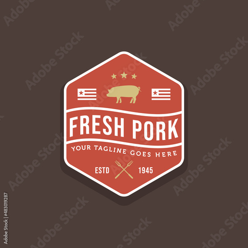 vintage retro pig pork butchery meat shop restaurant sticker emblem badge typography logo template vector illustration design