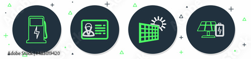 Set line Identification badge, Solar energy panel and sun, Electric car charging station and battery icon. Vector