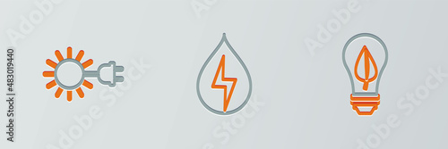 Set line Light bulb with leaf, Sun electric plug and Water energy icon. Vector