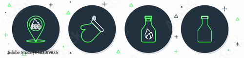 Set line Oven glove, Ketchup bottle, Location with barbecue and icon. Vector