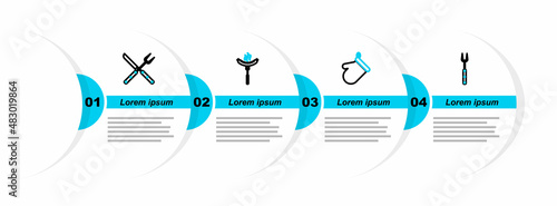 Set line Barbecue fork, Oven glove, Sausage on the and Crossed and knife icon. Vector