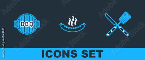 Set line Crossed knife and spatula, Barbecue grill and Sausage icon. Vector