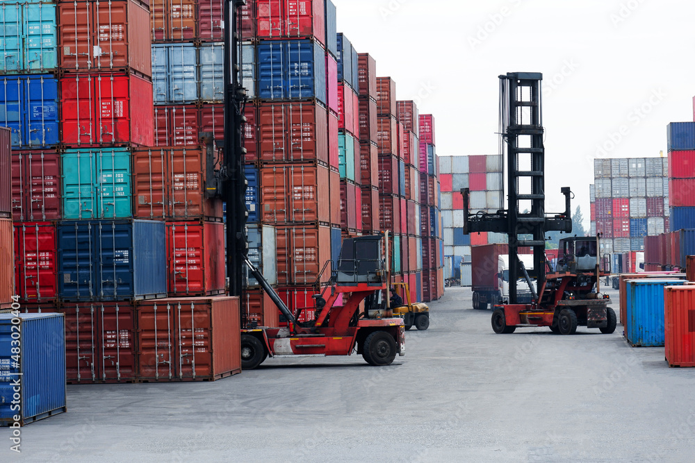 Container forklift in view of container yard industry - obrazy, fototapety, plakaty 