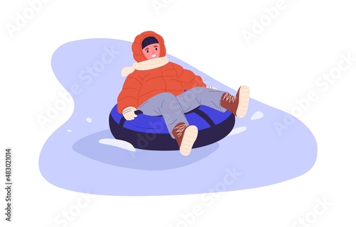 Happy kid on tubing sliding down slope. Excited child riding toboggan, having fun on winter holidays. Boy during outdoor leisure activity. Flat vector illustration isolated on white background