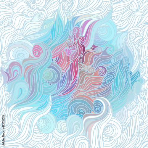 Vector color abstract hand-drawn hair pattern with waves and clouds. Asian st...