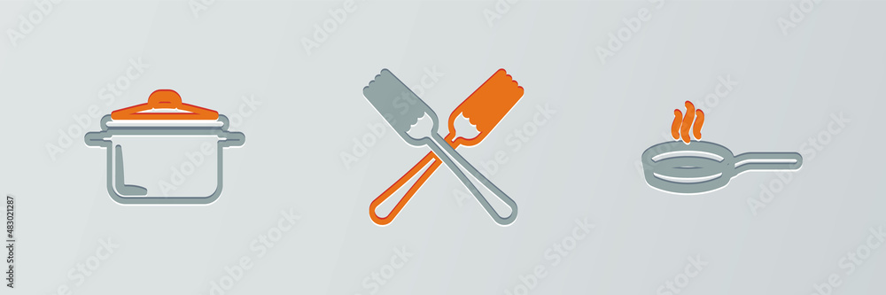 Set line Frying pan, Cooking pot and Crossed fork icon. Vector Set line Frying pan, Cooking pot and Crossed fork icon. Vector