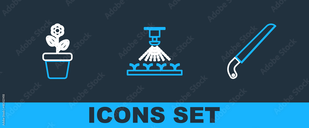 Set line Garden saw, Flower in pot and Automatic irrigation sprinklers icon. Vector Set line Garden saw, Flower in pot and Automatic irrigation sprinklers icon. Vector