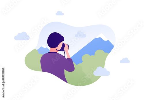 Tourism and hike adventure concept. Vector flat people illustration. Woman photograph with photo camera in hands. Forest, mountain and sky on background. Design for nature park trekking journey.