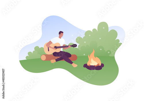 Tourism, hikking and camping concept. Vector flat people illustration. Man tourist playing guitar and sitting near bonfire. Forest and sky on background. Design for nature park journey.