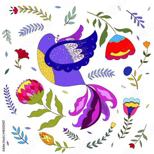 Seamless pattern with birds. Seamless pattern with cartoon chicken. Ethnic bird in bright colors. Colorful fabulous bird of paradise among decorative flowers and leaves.