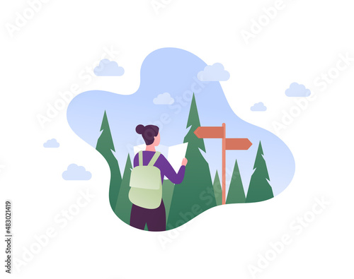 Tourism and hike adventure concept. Vector flat people illustration. Woman tourist with map in hands. Road sign, forest and sky on background. Design for nature park trekking journey.
