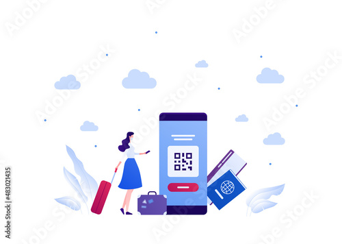 Tourism and airplane travel in pandemy concept. Vector flat people illustration. Female tourist in face mask hold smartphone and luggage. Passport, ticket and qr symbol on smart phone screen.