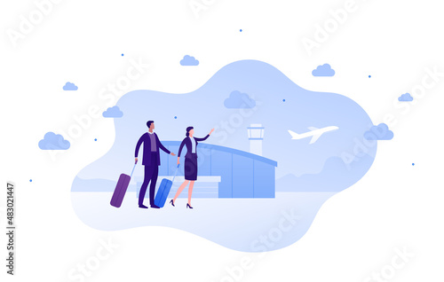 Business travel concept. Vector flat people illustration. Male and female couple of businessman and businesswoman in suit with bag on airport terminal building background.