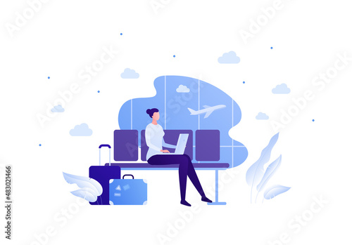 Business travel concept. Vector flat people illustration. Young adult woman with laptop sitting and writing in departure lounge on airport terminal window with air plane background.