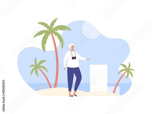 Tourism and vacation for old people concept. Vector flat person illustration. Senior adult female with grey hair and photo camera on beach with palm and hotel building symbol background.