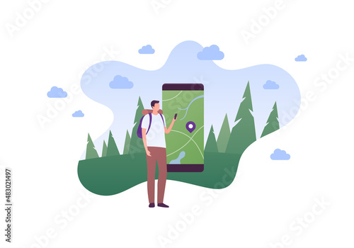 Tourism and hike adventure concept. Vector flat people illustration. Man tourist with smartphone in hands and backpack. Map with pin on smart phone screen. Forest and sky on background.