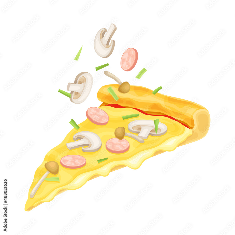 Slice of pizza with mushroom and sausage. Tasty Italian fast food vector illustration Slice of pizza with mushroom and sausage. Tasty Italian fast food vector illustration