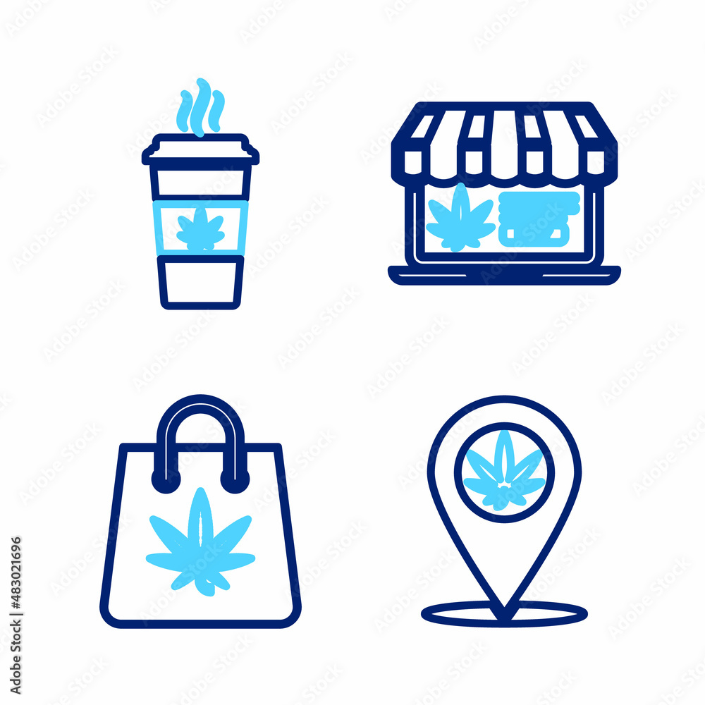 Set line Location and marijuana, Shopping bag of, Online buying and Cup coffee with icon. Vector Set line Location and marijuana, Shopping bag of, Online buying and Cup coffee with icon. Vector