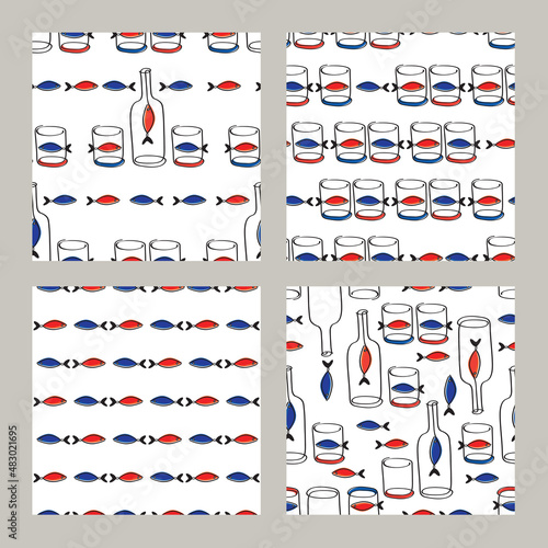 Modern seamless pattern with hand drawn bottles of wine glasses and cute fishes. Background for restaurant, bar menu, party, alcohol drinks, wrapping paper, textile, wallpapers and scrapbook. Vector.