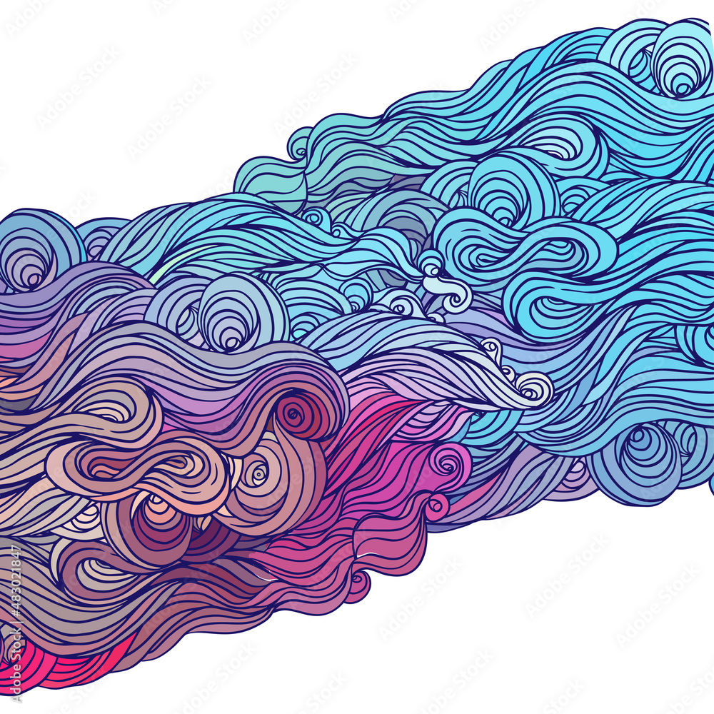 Fototapeta premium Vector color abstract hand-drawn hair pattern frame with waves and clouds