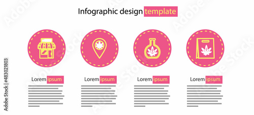 Set line Test tube with marijuana, Shopping bag of, Location and and Marijuana cannabis store icon. Vector