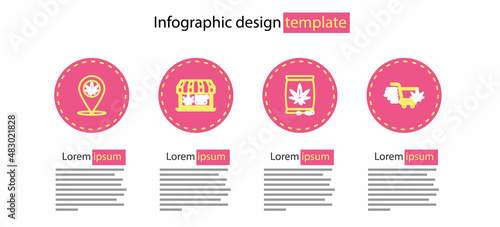 Set line Marijuana or cannabis seeds, Shopping cart with marijuana, Online buying and Location and icon. Vector