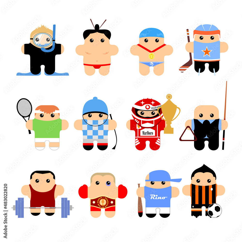 Set of funny cartoon characters: diver, swimmer, sumo, ice hockey, tennis, jockey, racing driver, billiard player, weightlifter, boxer, baseball, football Set of funny cartoon characters: diver, swimmer, sumo, ice hockey, tennis, jockey, racing driver, billiard player, weightlifter, boxer, baseball, football