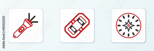 Set line Compass, Flashlight and Rafting boat icon. Vector