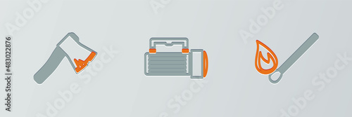 Set line Burning match with fire, Old wooden axe and Flashlight icon. Vector