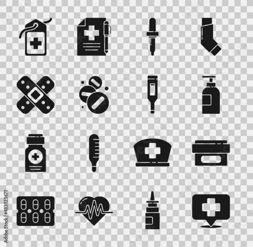 Set Map pointer with cross hospital, Hand sanitizer bottle, Pipette, Medicine pill or tablet, Crossed bandage plaster, medical tag and Medical digital thermometer icon. Vector