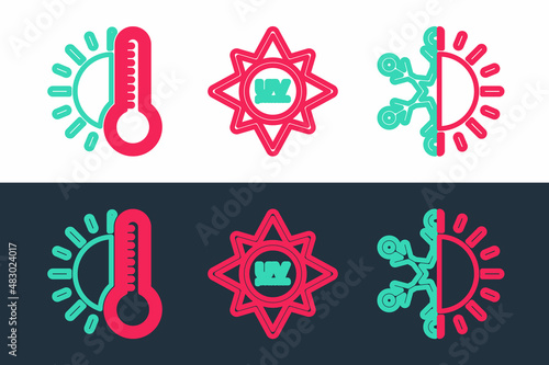 Set line Sun and snowflake, Thermometer with sun and UV protection icon. Vector