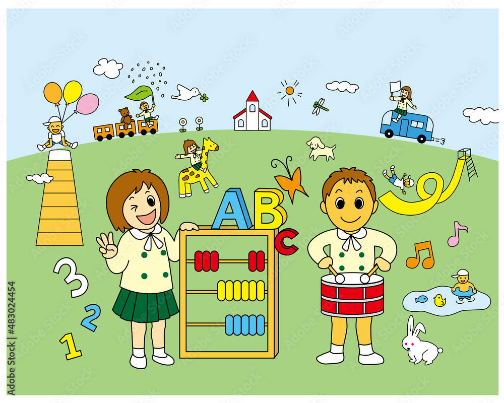 笑顔の女の子がそろばんを持って 算数や英語の勉強をしたり 男の子が楽器を演奏したり 滑り台を滑ったり プールで遊んだりしているベクターイラスト 園児募集ポスター Stock Vector Adobe Stock