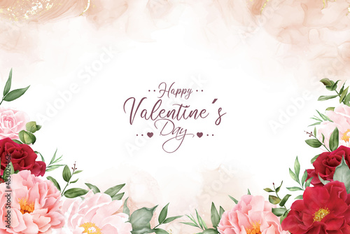 Romantic Watercolor Arrangement Flower Background Design with Maroon Floral and Leaves