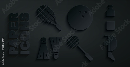 Set Tennis racket, Bottle of water, Rubber flippers for swimming, Fencing helmet mask, Bowling ball and icon. Vector