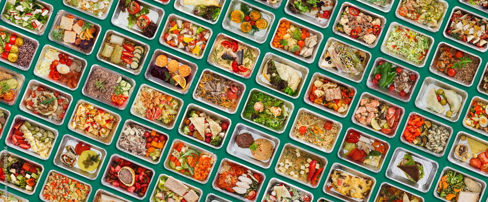 Lots Of Tasty Healthy Prepared Food In Take Away Containers, Creative Collage