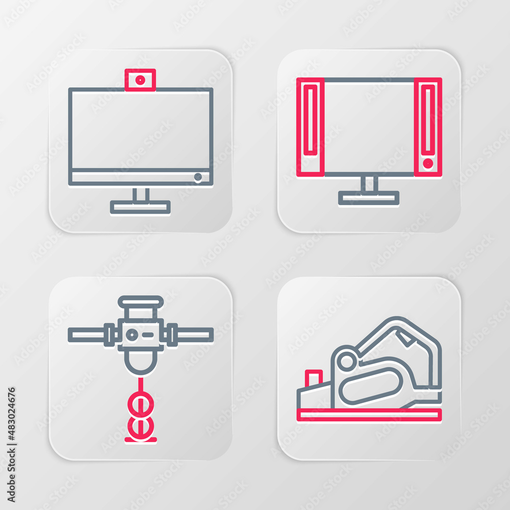 Set line Electric planer tool, Construction jackhammer, Smart Tv and Computer monitor icon. Vector Set line Electric planer tool, Construction jackhammer, Smart Tv and Computer monitor icon. Vector