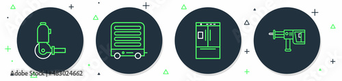Set line Electric heater, Refrigerator, Angle grinder and Rotary hammer drill machine icon. Vector