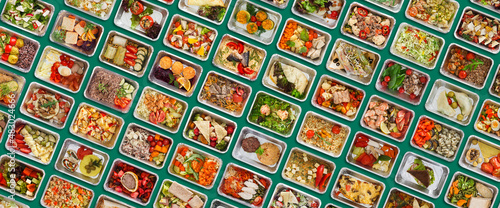 Lots Of Tasty Healthy Prepared Food In Take Away Containers, Creative Collage
